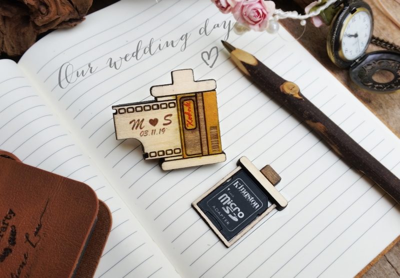 Personalized film canister SD memory card wooden holder magnet