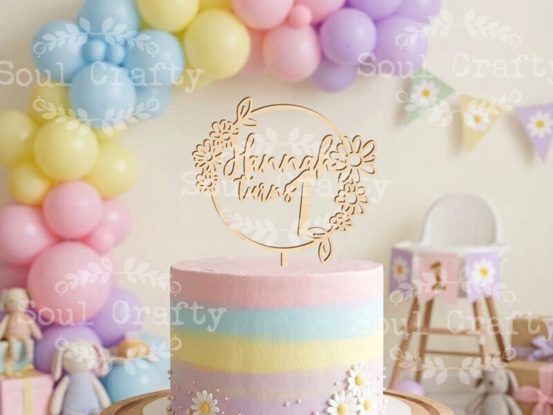 Personalized Baby 1st Birthday Cake Topper, Daisy Flower Wreath
