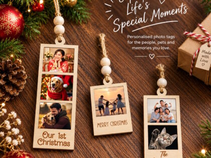 Custom Family Photo Christmas Ornament | Wooden Polaroid Tag Hiasan Pokok Krismas